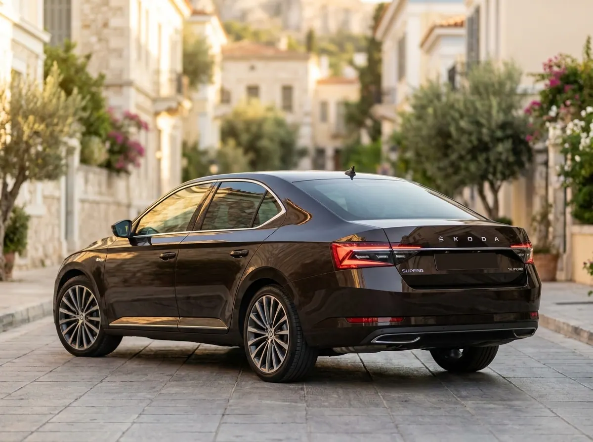 Private transfer saloon parked and ready for Athens airport or hotel pickup