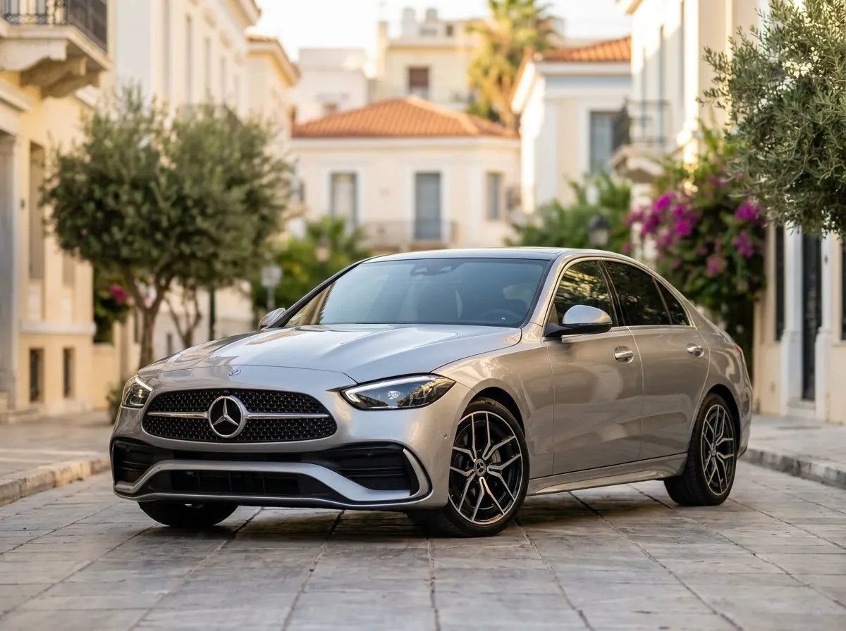 Silver Mercedes-Benz saloon on a cobbled Athens street — private airport and city transfers